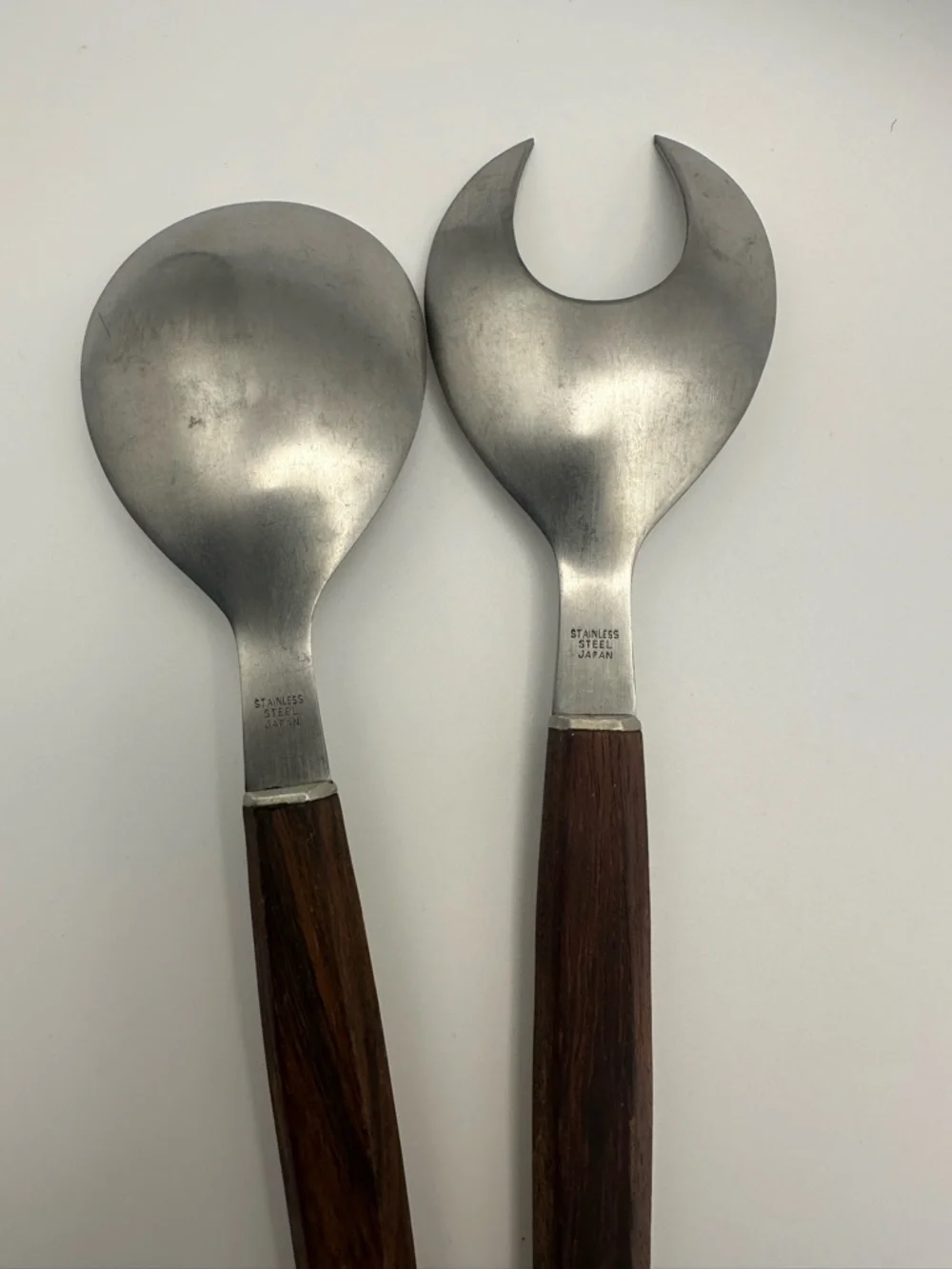 Salad Server Stainless Steel Solid Wood Handles MCM Japan Vtg Mid Century Modern